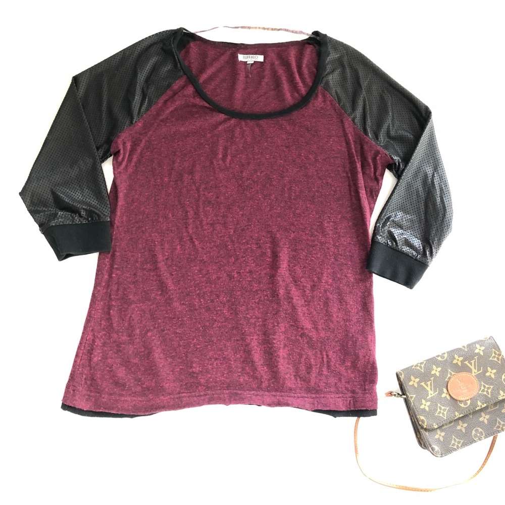 Buffalo Red & Black Faux Leather Baseball T Shirt